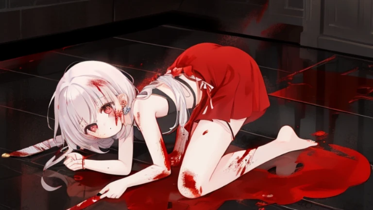 a girl，Kneeling on the ground，on one’s last legs，Pupil dilation，Glazed eyes，yandere，The clothes were stained red with blood，The body that had been pierced by the knife was bleeding all over the floor.，There was a lot of blood from a wound on the arm，A knif...