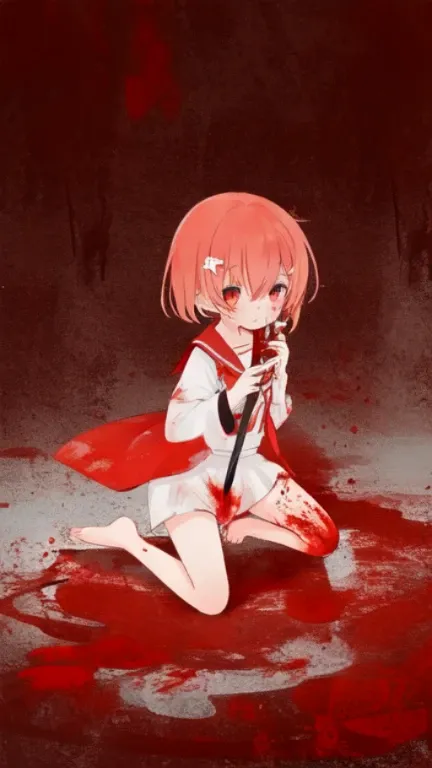 a girl，Kneeling on the ground，on one’s last legs，Pupil dilation，Glazed eyes，yandere，The clothes were stained red with blood，Passed through the body with a knife，Blood flowed all over the place，Barefoot