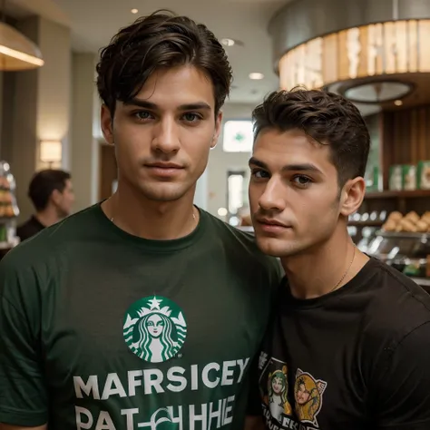 ((best quality)), ((masterpiece)), (detailed),24 year old man ,Arabian ,light green eye color ,long eyelashes ,sharp jawline ,nice nose,no beard ,dimples ,cat naughty eyes ,short curly hair ,light brown skin,perfect teeth, super sexy ,drinking starbucks am...