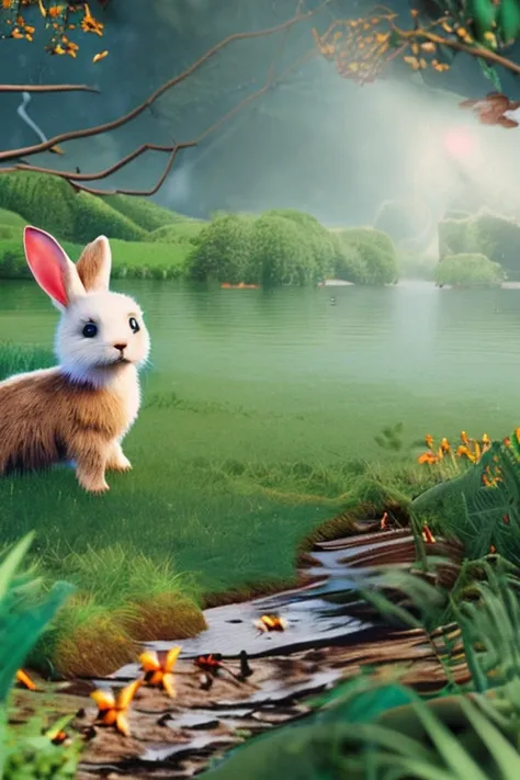 (best quality,4k,8k,highres,masterpiece:1.2),ultra-detailed,realistic:1.37,classical negative image portrait, fantasy video game character concept art, a cute fluffy white rabbit with a small brown leather backpack, gazing at a map of hiking through a fore...