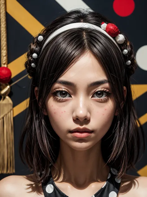 an abstract of a japanese girl centered around large polka dot theme
