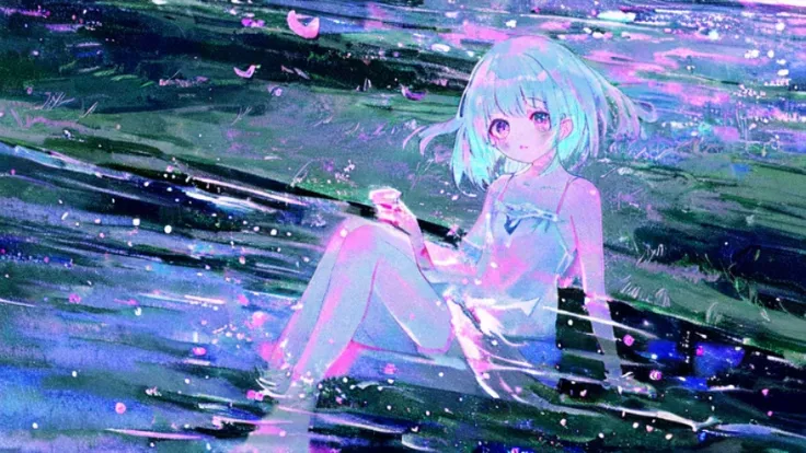 fair skin，sick，yandere，Eyeballs turn red、Pupil dilation、Glazed eyes、The eyes are dull，a girl，Sit on your knees，Blood flowed all over the place，Background next to clear river water，The river water is clear and transparent，The moonlight casts shadows on the ...