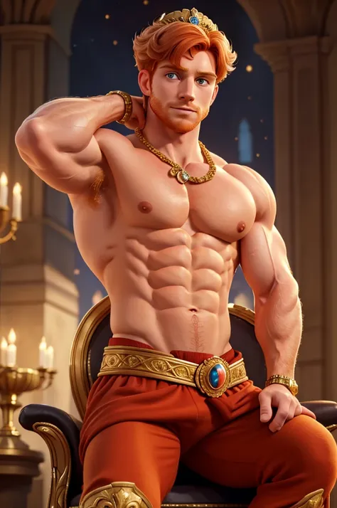 (british prince,male,ginger hair,muscular pectorals,biceps,on throne,wearing state imperial crown,flexing bicep),oil painting,realistic,highres,portrait,vivid colors,warm tones,soft lighting