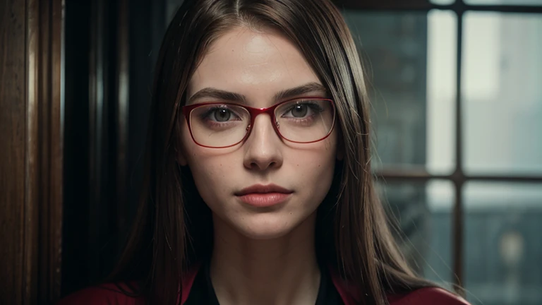 Cinematographer of a skinny nerdy lesbian Caucasian with glasses, long red straight hair, damp skin, girlish, wearing a boiler suit, hot girlish, gaze at the camera, face symmetrical, Cinematographer, Spectacular lighting, splendid, occidental, (Masterpiec...