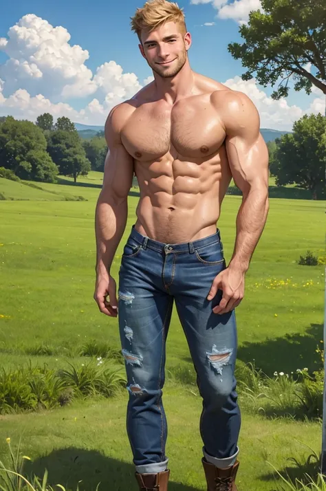 photorealistic, full view. A young, cute, 24 year old, muscular, handsome, Caucasian farmer with a very nice, chiseled jaw and chest, big biceps, shaved, fade-cut sandy blond hair, stubble, and blue eyes, shirtless, wearing ripped, dusty blue jeans with a ...