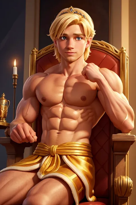 (a swedish prince with blonde hair,muscular pectorals and biceps,sitting on a throne,wearing a crown,oil painting,realistic,highres,portrait,vivid colors,warm tones,soft lighting)