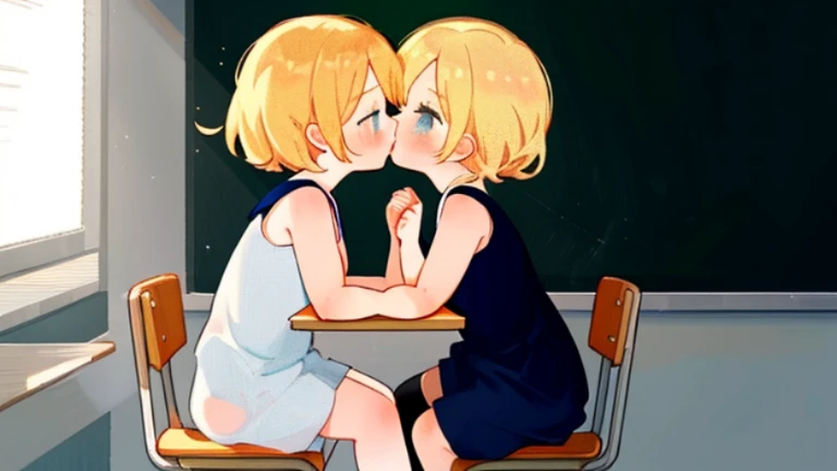 masterpiece,(2girls:1.1),Blond hair, blue eyes, Empty classroom, sadomasochism, sitting at a table, exposed buttocKs, high heels, delicate eyes, leggings, Kissing each other, lesbians, 4K high resolution cheeKs red and fresh and lovely