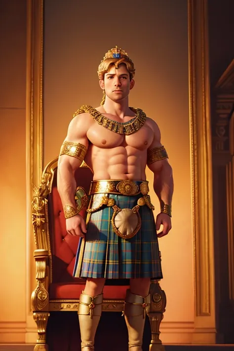 (a scottish prince,standing on a throne,wearing a crown,muscular pectorals and biceps,oil painting,realistic,highres,portrait,vivid colors,warm tones,soft lighting)