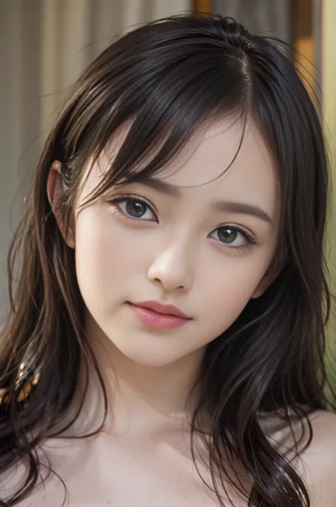 8K, Raw photography, top-quality, ​(masterpiece:1.2), (((realistic, Photorealistic))), is standing, Nogizaka46, (((Nagi Inoue))), (1girl, dark brown long hair, Japanese idol, young face, big brown eyes, (detailed eyes), long eyelashes, tear bag, duck mouth...