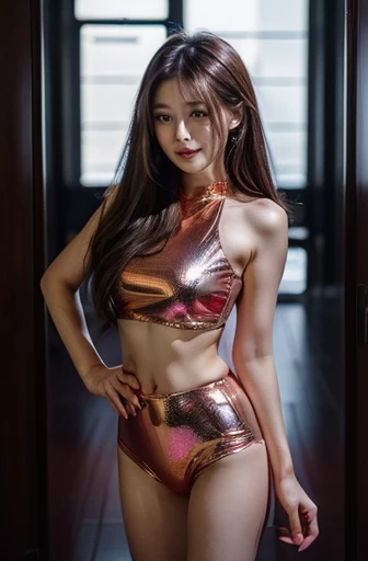 a woman in a shiny outfit posing for the camera, instagram, wearing a sexy cropped top, smooth pink skin, ayami, ultra high quality model, copper, sha xi, great quality, bond girl, shiny!!, taken in 2 0 2 0, at home, cutie, wow, brunette