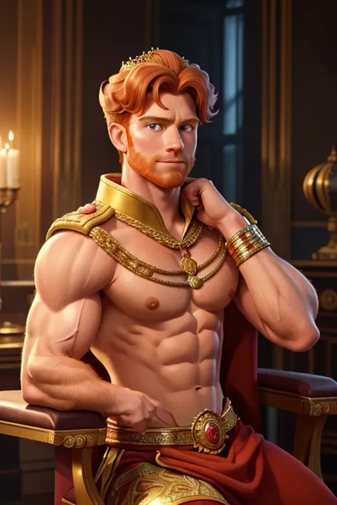 (british king,male,ginger hair,muscular pectorals,biceps,on throne,wearing state imperial crown,flexing bicep),oil painting,realistic,highres,portrait,vivid colors,warm tones,soft lighting