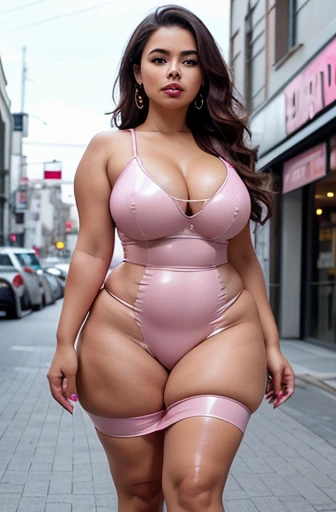 a woman in a pink dress standing in front of a store, portrait demi rose, 🤬 🤮 💕 🎀, latex outfits, beer bottles, katherine lam, curvy build, attractive brown hair woman, in tokio, private press, large bust, very wide view, full figured, alita, left align co...