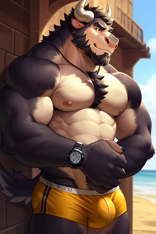 Furry, anthro,Bulls, bull, solo, 1boy, upper body, male focus, looking to the side, pectorals, watch, wristwatch, beard, detailed speedo