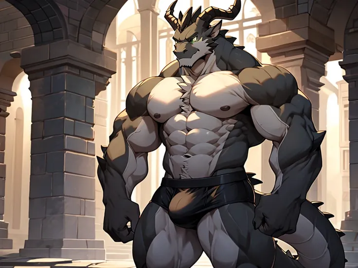 Anthropromorphic dragon male with highly detailed muscular chest and abs, detailed biceps and thick forearms, thick neck, heavy gazelle horns with pronounced rough ridges, broad heavy hands and sharp black claws, green eyes, black and grey, standing in a s...