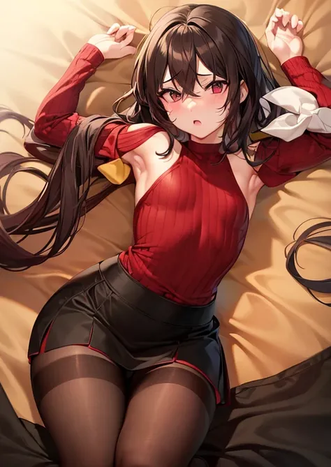 {{{{femboy、fake girl、lissome、slender、flat chest、poor chest、sloping shoulders、bulge}}}}、{{thin waist}}、{{Red knit sweater、black skirt、black stockings、long sleeve、red cheeks}}