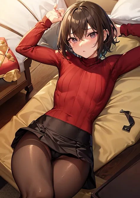 {{{{femboy、fake girl、lissome、slender、flat chest、poor chest、sloping shoulders、crotch、bulge}}}}、{{thin waist}}、{{brown hair、short hair、Red knit sweater、black skirt、black stockings、long sleeve、red cheeks}}