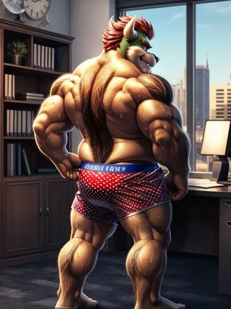 Bowser, beard, daddy, seductor, mirando al espectador, smirk, (white and red polka dots pattern oversized long loose boxers:1.3, pecs, big pecs, (posing) macho, masculine, male focus, chubby, fat, de cerca, standing, back view, full body, office, sweaty, h...