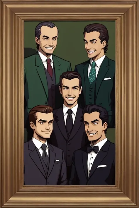 in 8-bit cartoon art style, four gentlemen laughing, in suits posing together for a portrait in a picture frame