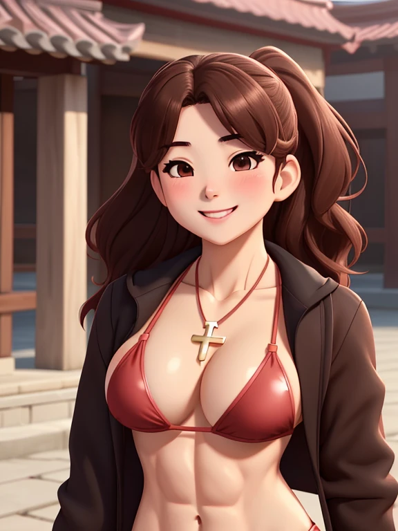 attractive korean woman, ripped muscle, muscular body, small breast, pale skin, smile(blush), bikini, cross necklace, sixpack abs, [ultra detailed skin:1.2], brown hair, wavy hair, 8k uhd, pussy, full body, crowd, public, temple, standing,