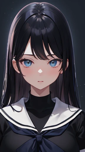 (masterpiece), (highest quality), 1 girl, school uniform, Summer school uniform, medium breasts, city, Are standing, long hair, black hair, sailor suit, blue lighting lights