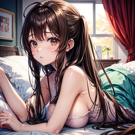 anime、beautiful girl、brown hair、black eyes shine、pajamas、sleepy、beautiful breasts