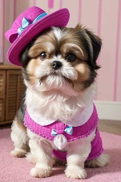 shih tzu dogs, Pomerania, yorkshíre Terrier, Maltese, fofos posando para uma foto usando roupas fofas, luxurious hat, ties, bandanas, vestido, Cores fofas, children&#39;s clothing colors for dogs.