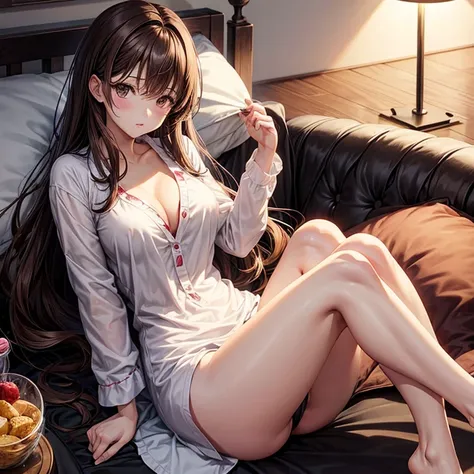 anime、beautiful girl、brown hair、black eyes shine、pajamas、sleepy、beautiful breasts、thin legs