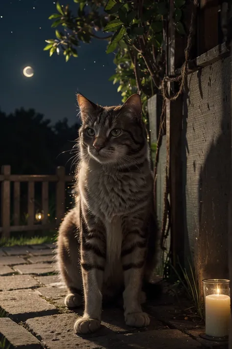 (High quality, 8K, Original character), (Fact: 1.5), (masterpiece, Best quality, a high resolution: 1.2), a cat, summer night, Gentle image, Moonlight, wind, Fireflies