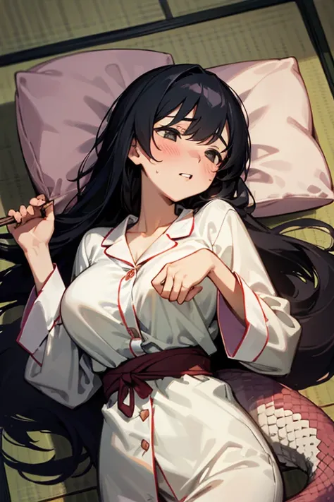 girl lays on a bed, 1girl, solo, breasts, ,black hair, long hair ,((lying on back)), (pajamas),  white pajamas, (Background: Bedroom with tatami mats), on the bed sheet, lying, on back, sleeping, (large breasts),blush,(embarrassed), surprised, (upset:1.0),...