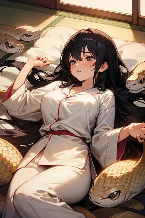 girl lays on a bed, 1girl, solo, breasts, ,black hair, long hair ,((lying on back)), (pajamas),  white pajamas, (Background: Bedroom with tatami mats), on the bed sheet, lying, on back, sleeping, (large breasts),blush,(embarrassed), surprised, (upset:1.0),...