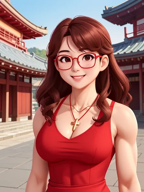 attractive korean woman, ripped muscle, muscular body, small breast, pale skin, smile(blush), red dress, glasses, cross necklace, sixpack abs, [ultra detailed skin:1.2], brown hair, wavy hair, 8k uhd, pussy, full body, crowd, public, temple, standing,