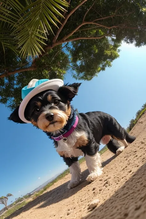 Boca aberta, breed dog, yorkshíre Terrier, Maltese, fofos posando para uma foto usando roupas fofas, luxurious hat, ties, bandanas, vestido, Cores fofas, children&#39;s clothing colors for dogs. low angle view, eye level shot (virilha),Just huge morbid thi...