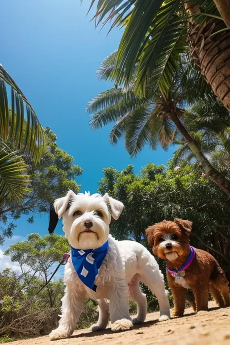 Boca aberta, breed dog, yorkshíre Terrier, Maltese, fofos posando para uma foto usando roupas fofas, luxurious hat, ties, bandanas, vestido, Cores fofas, children&#39;s clothing colors for dogs. low angle view, eye level shot (virilha),Just huge morbid thi...