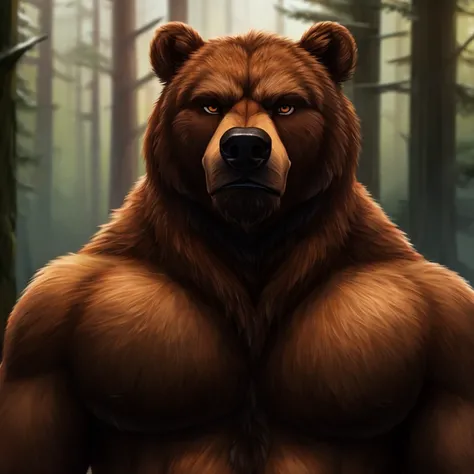 8k, super detail, best quality, anatomically correct, textured fur, solo, male, anthro, forest background, stoic expression, werebear, 