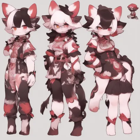 ((masterpiece)),(((best quality))),(character design sheet, same character, front, side, angry, happy, sad, annoyed, full body), succubus teen, white ram horns, white hair, yellow left eye, pink right eye, stripped wrist tattoos, black thorn covered vines ...