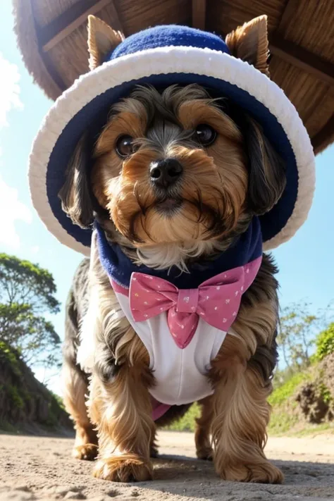 Cute dog wearing cute princess dress, Boca aberta, Yorkshire Terrier breed dog, Maltese, fofos posando para uma foto usando roupas fofas, luxurious hat, ties, bandanas, vestido, Cores fofas, children&#39;s clothing colors for dogs. low angle view, eye leve...