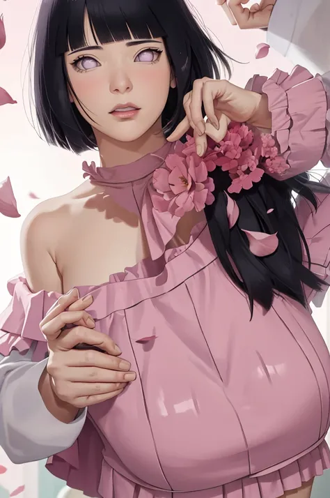 masterpiece, absurdres, hinata(boruto), 1girl, solo,mature female, off-shoulder crop top, looking at viewer, (falling petals), perfect composition, detailed lips, big breast, beautiful face, body propotion, blush, (pink lips),medium hair, (black hair),  pu...