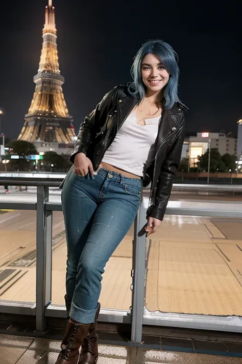 Model, blue hair, thick hair, clean face, green eyes, big boos, wearing a leather jacket over hoodie and jeans, boots in feet , smiling, at the tokyo tower, snowfall in background