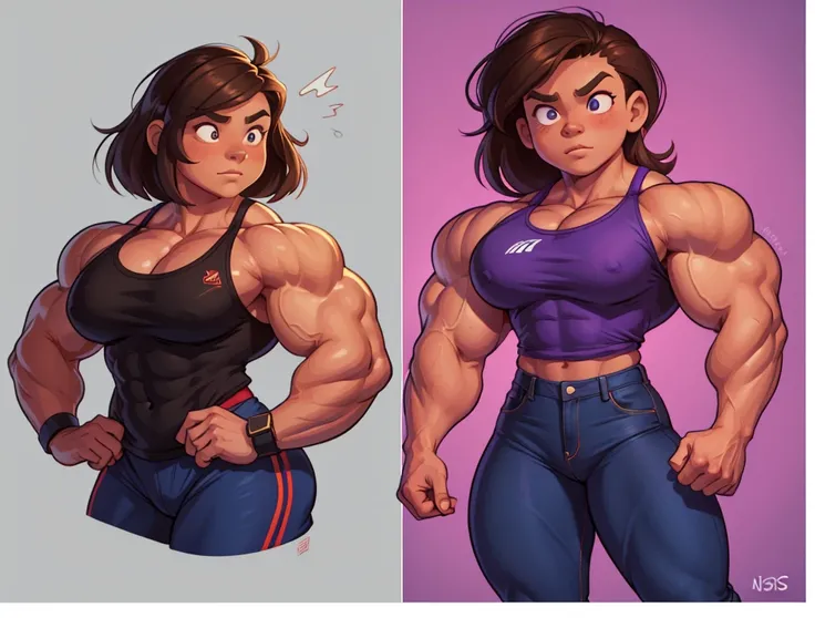 muscle girl with High cheekbones and a strong jawlineflexing muscles wearing purple muscle shirt and light blue jeans, her hair a rich chestnut brown, giving her a dynamic and youthful appearance, muscle woman, big muscles, huge muscles, massive muscles, m...