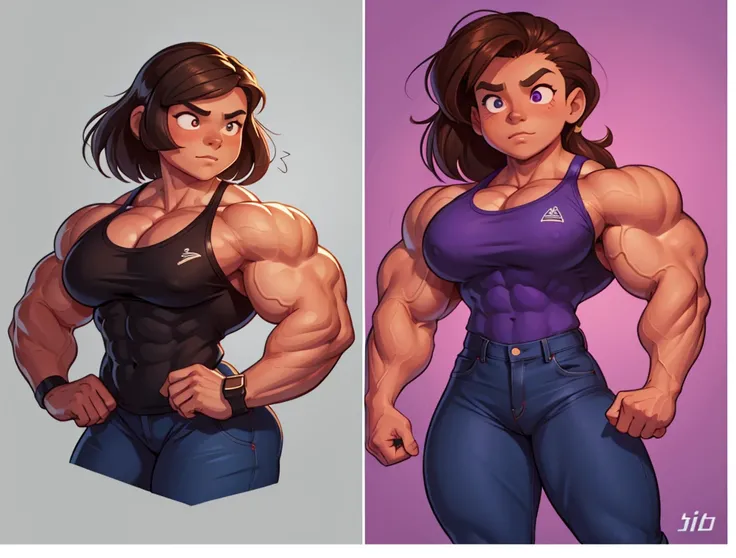 muscle girl with High cheekbones and a strong jawlineflexing muscles wearing purple muscle shirt and light blue jeans, her hair a rich chestnut brown, giving her a dynamic and youthful appearance, muscle woman, big muscles, huge muscles, massive muscles, m...