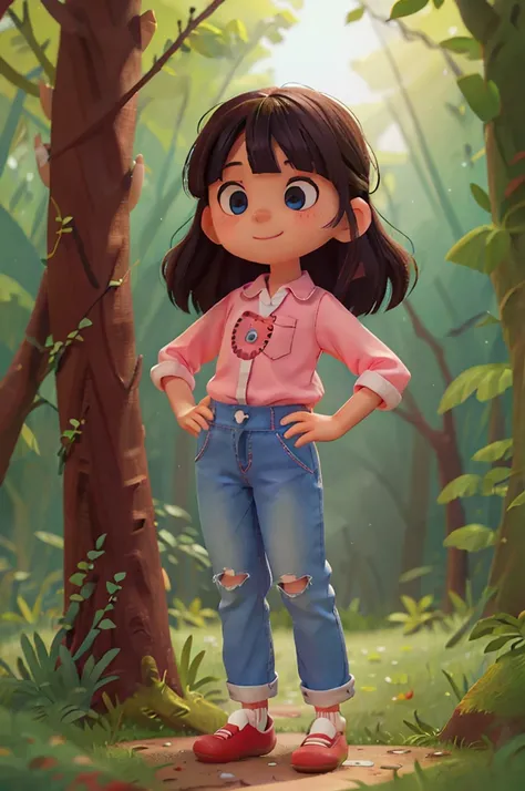 crie menina menina com 6 anos morena cabelos curtos, em um bosque, com rosto feliz saia azul jeans, camisa rosa com com olhos azuis,  Red loop, pantufas colidas, children&#39;s normal style with multiple poses on a white background unaccompanied 6 years ol...