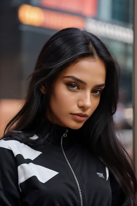 (masterpiece), (best quality:1.0), (ultra highres:1.0), closeup, 1 girl, detailed beautiful, face focus, tomboy, skinny, long hair, brazilian face, wallpaper 8k, (black colorful hair), beutiful woman, makeup, black tracksuit, new york city, 