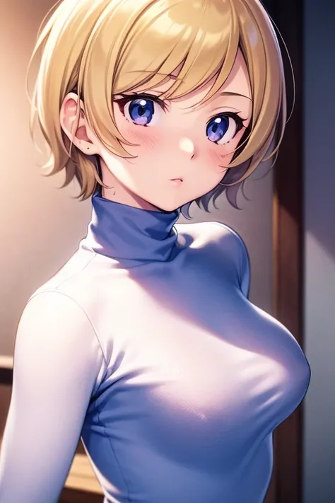 mangamichirum, 1girl, blond hair, short hair, blush, medium breast, (black tight long sleeve undershirt, turtleneck), upper body, looking at view, (masterpiece, high resolution, best quality, anime screencap, anime colored, 8k, photorealistic)