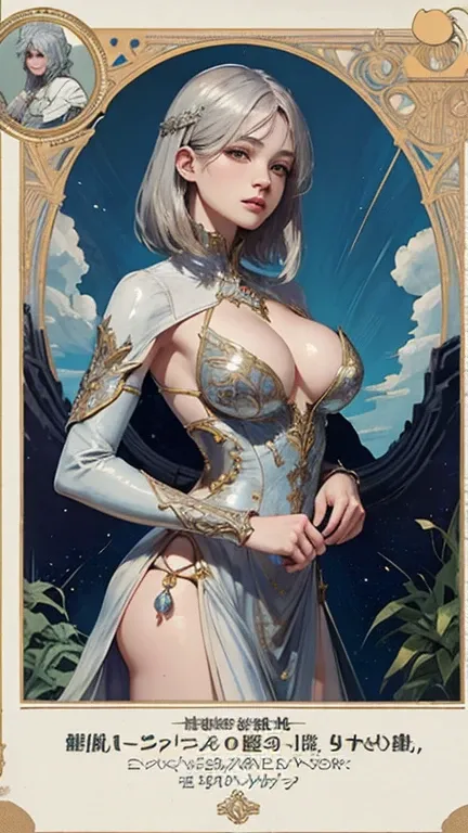 anthropomorphic gemstone diamond、(masterpiece、highest quality、highest quality)、(((Beautiful anime style girl、)))、28 years old、oversized model、((((beautiful breasts)))、((silver hair)))、silver eyes、Hair style is short bob、Hair is straight、extreme details、Col...