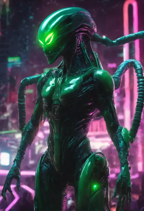 8k, ultra hyper realistic Full shot, full body view, subject in the center, an alien, symmetrical, long body, long legs, long arms, big head, huge black eyes, big nose, big mouth, light green skin, shooting with a laser gun