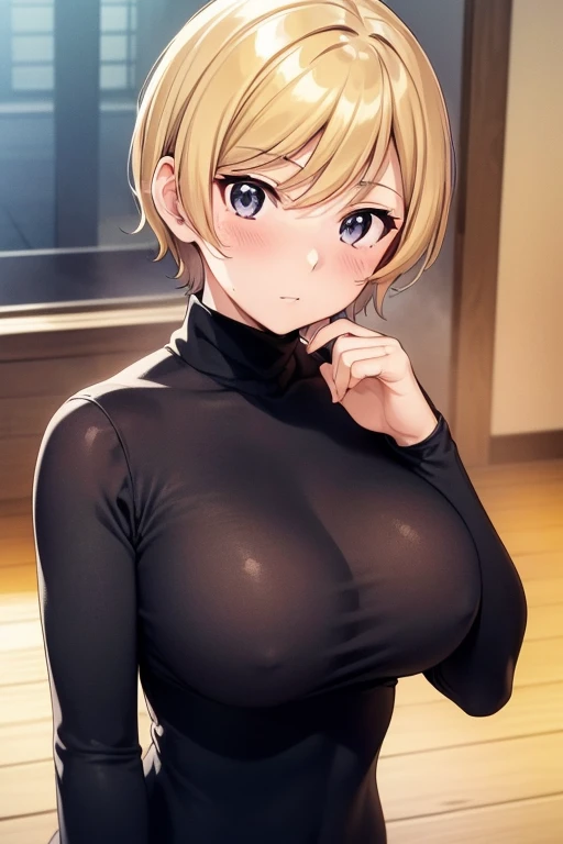 mangamichirum, 1girl, blond hair, short hair, blush, large breast, ((tight black long sleeve undershirt, turtleneck)), upper body, looking at view, (masterpiece, high resolution, best quality, anime screencap, anime colored, 8k, photorealistic)