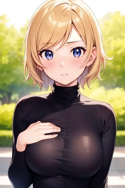 mangamichirum, 1girl, blond hair, short hair, blush, large breast, ((tight black long sleeve undershirt, turtleneck)), no bra, upper body, looking at view, (masterpiece, high resolution, best quality, anime screencap, anime colored, 8k, photorealistic)