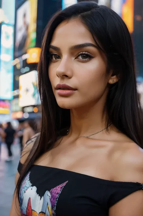 (masterpiece), (best quality:1.0), (ultra highres:1.0), closeup, 1 girl, detailed beautiful, face focus, tomboy, skinny, long hair, brazilian face, wallpaper 8k, (black colorful hair), beutiful woman, makeup, time square, streetwear fit