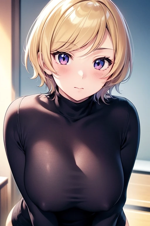 mangamichirum, 1girl, blond hair, short hair, blush, large breast, ((tight black long sleeve undershirt, turtleneck)), breast hold, upper body, looking at view, leaning forward, (masterpiece, high resolution, best quality, anime screencap, anime colored, 8...