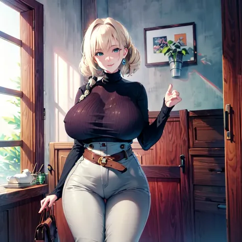 masterpiece, best quality, 1girl, solo, mature female, huge breasts, narrow waist, wide hips, curvy, curly hair, short hair, short bangs, blonde hair, blue eyes, turtleneck, turtleneck sweater, ribbed sweater, white sweater, brown pants, standing, indoors,...